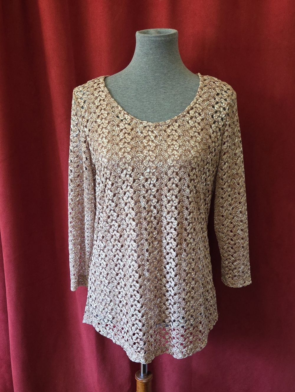 Crochet Knit Scoop Neck Top in Beige Taupe